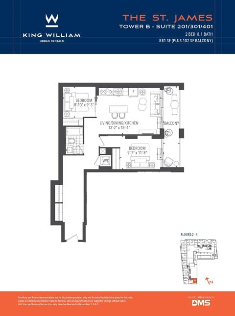 Floor plan for 2 beds, 1 bath, 881 sqft